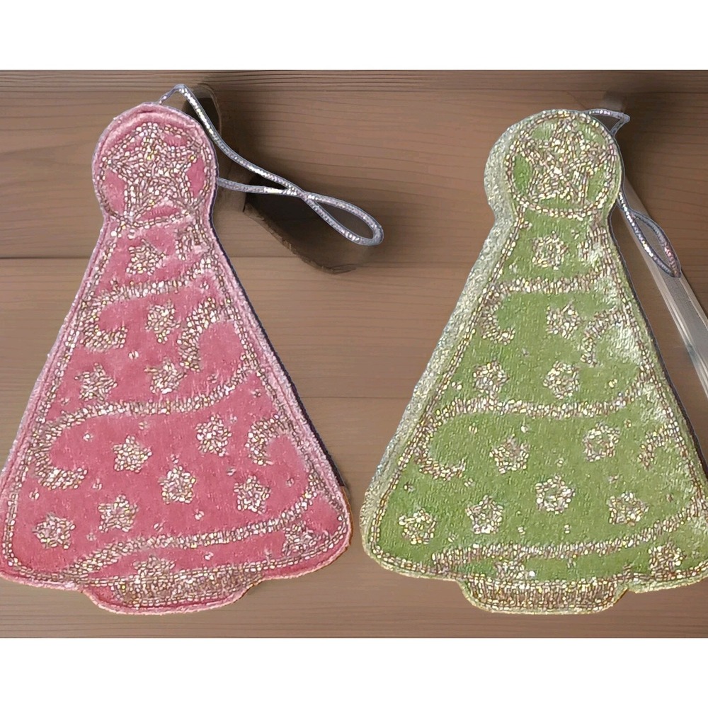 LOT OF 2 Vintage Satin Sequin Beaded Trinket Box Christmas Ornament PINK & GREEN